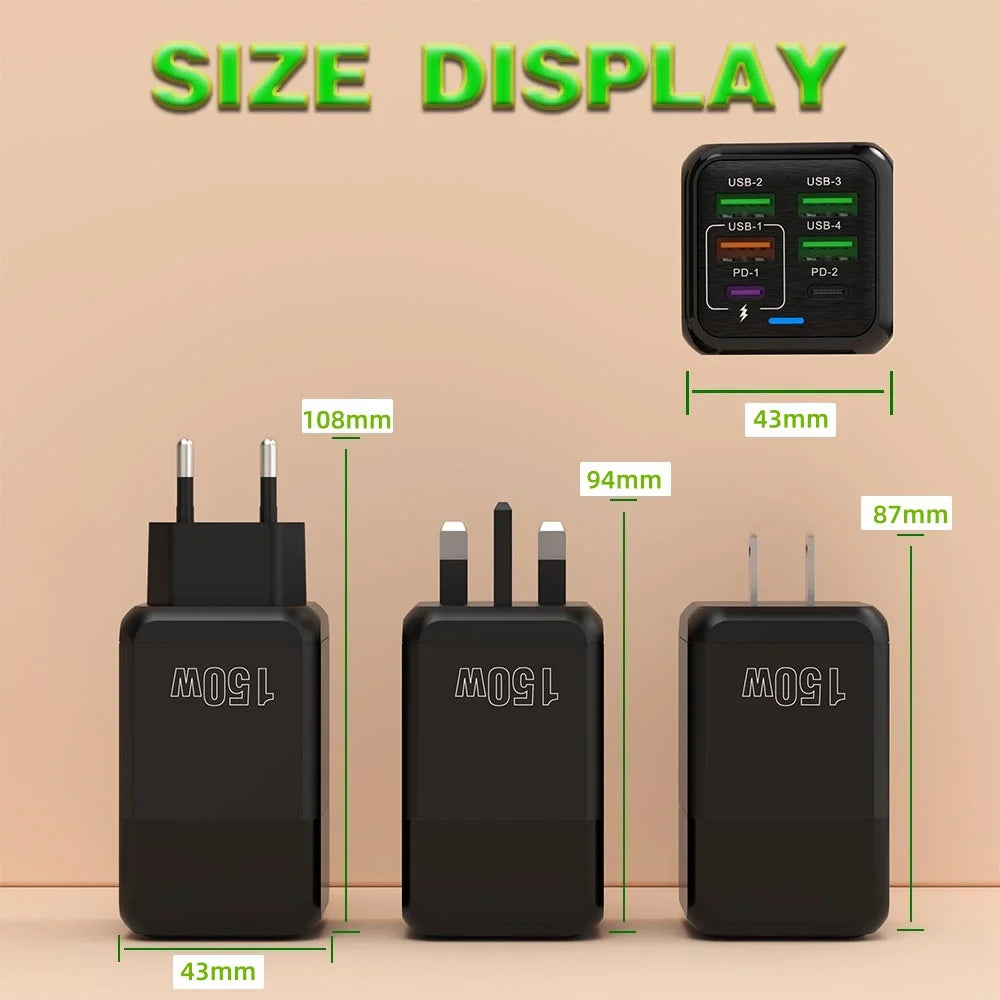 150W 6-Port USB Charger PD QC3.0 Type C Fast Charging Adapter Super Fast Charger For iPhone Samsung Xiaomi OnePlus EU/UK/US Plug