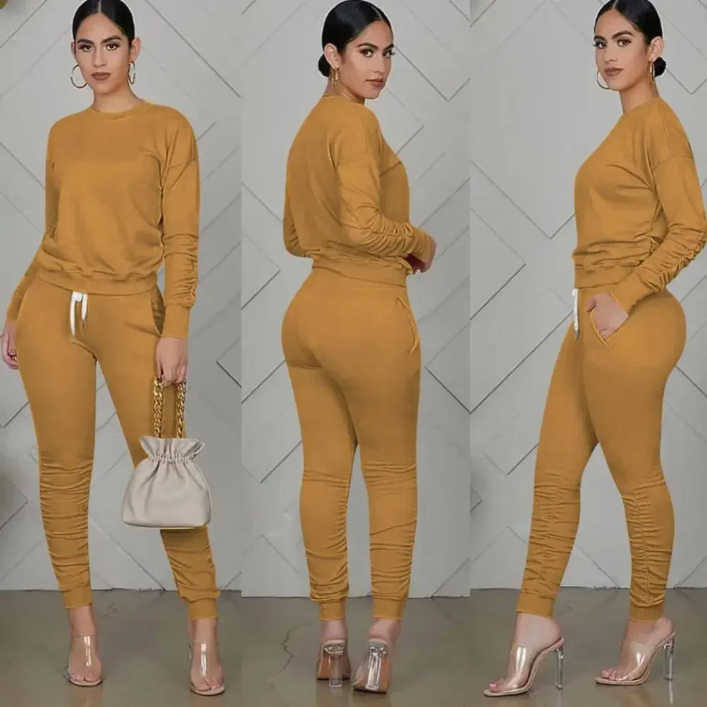 Women’s Slim Fit Long Sleeve Two Piece Set – Casual Warm Top & Elastic Waist Pants Outfit