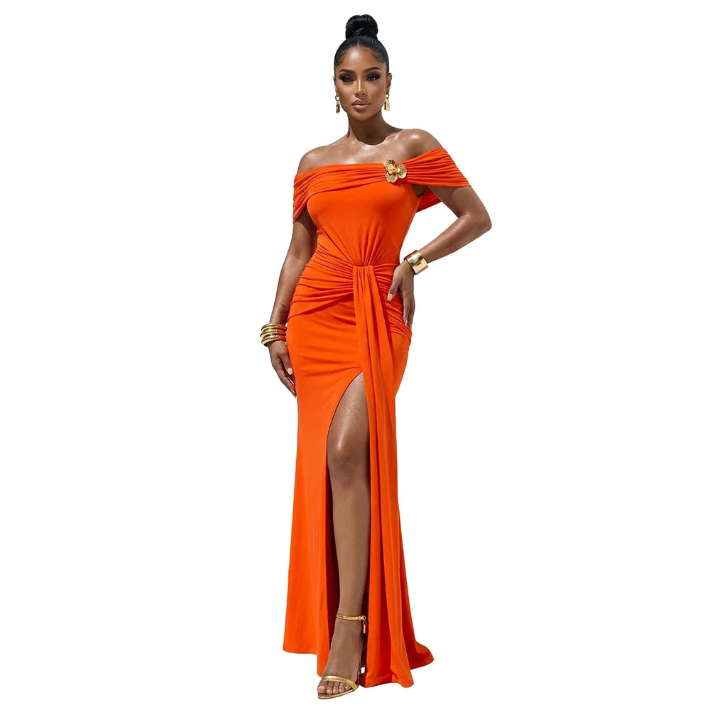 Women Slash Neck Ribbon Short Sleeve Long Maxi Dress Summer Street Evening Birthday Party Sexy Dresses