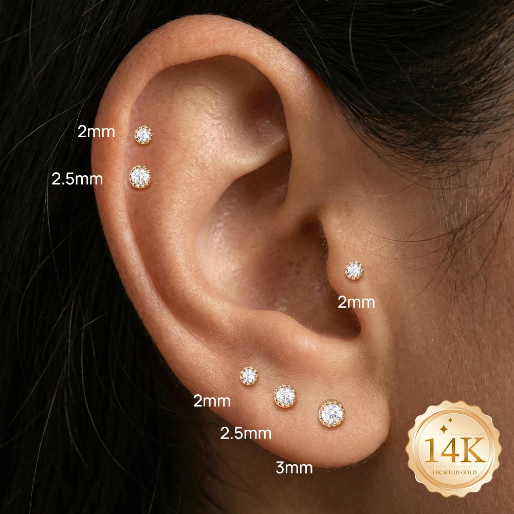 CANNER 1PC 2/2.5/3mm G23 Titanium 14K Solid Gold CZ Piercing Flat Back Stud Earring Women Hypoallergenic Classic Ear Bone Gift