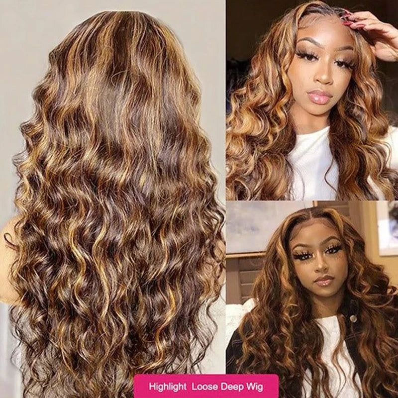 30 34 Inch Loose Deep Wave Frontal Wig 13x6 Ombre Highlight HD Lace Wigs 4/27 Colored Wigs Curly 13x4 Lace Front Human Hair Wigs