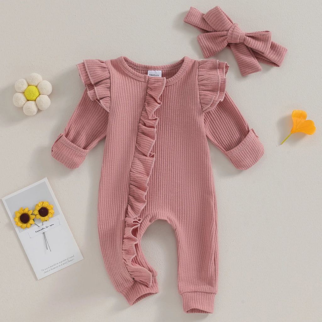 Infant Baby Girl Autumn Jumpsuit Solid Color Round Neck Flying Sleeve Ruffled Zipper Romper with Bow Headband 0-12M