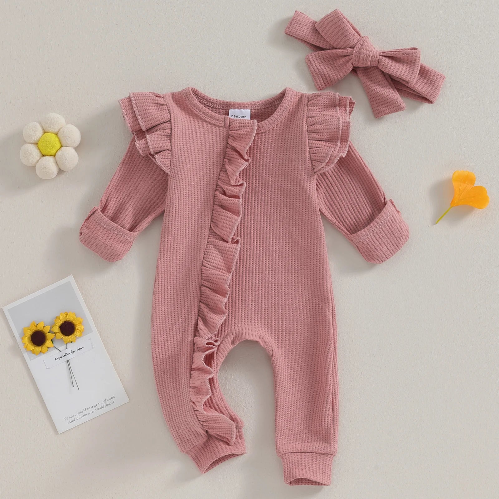 Infant Baby Girl Autumn Jumpsuit Solid Color Round Neck Flying Sleeve Ruffled Zipper Romper with Bow Headband 0-12M
