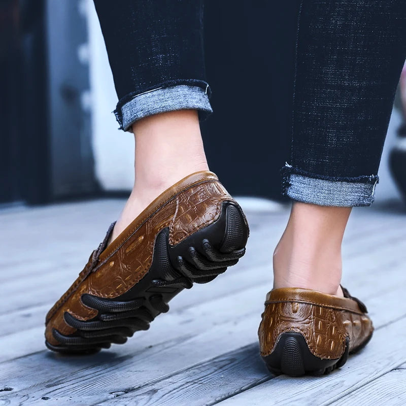 Men Casual Shoes Genuine Leather Crocodile Style Luxury Brand Mens Loafers Moccasins Slip on Black Driving Shoes Plus Size 38-47