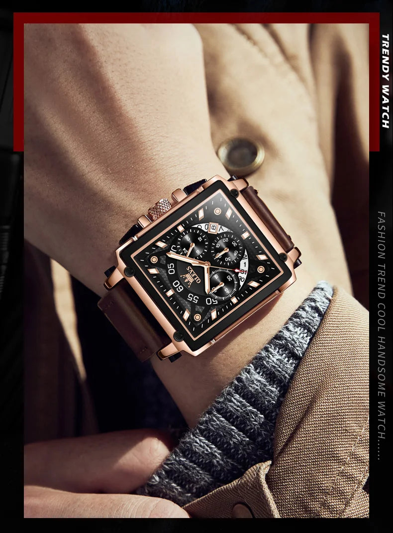 Men’s Square Dial Leather Strap Watch