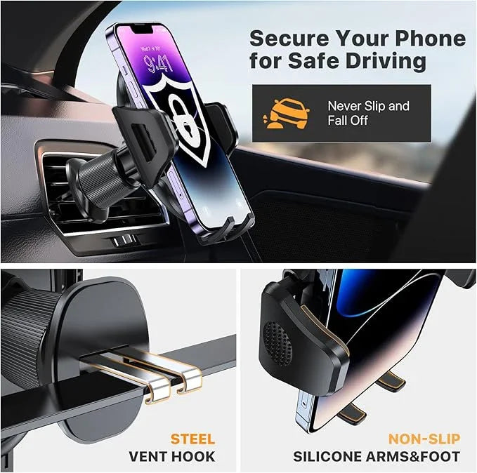 Car Phone Mount (with Metal Hook Clip) Air Vent Phone Holder Universal Car Mount, Compatible with Garmin GPS, iPhone, Android