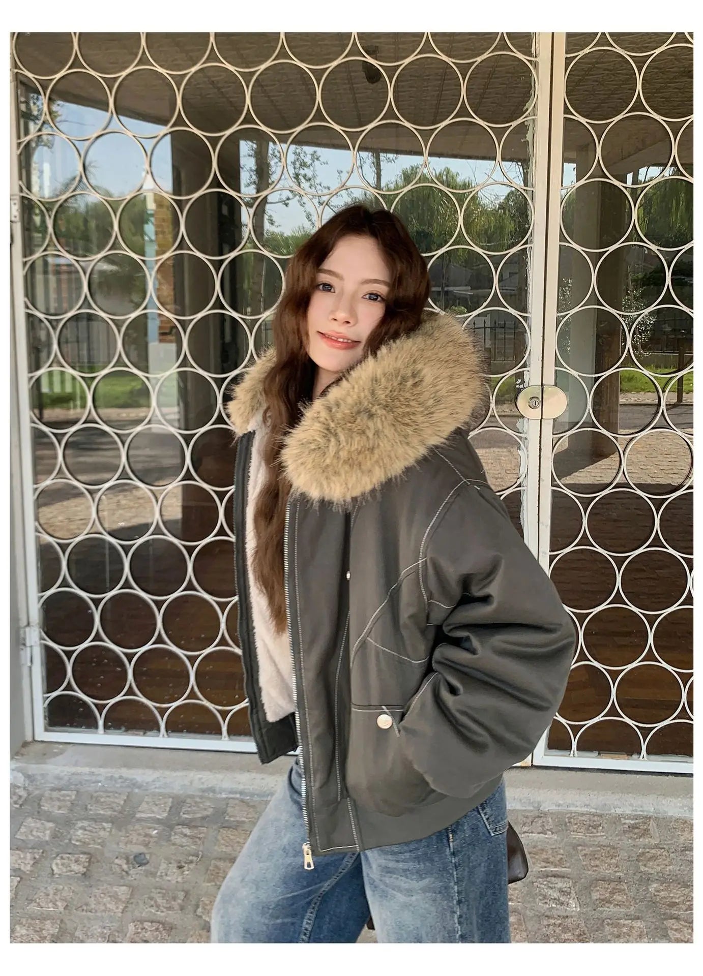 Women Short Parkas Coat Solid Jacket Big Fur Collar Hooded Zipper Pocket Long Sleeve Loose Casual Office Lady 2025 Autumn Winter
