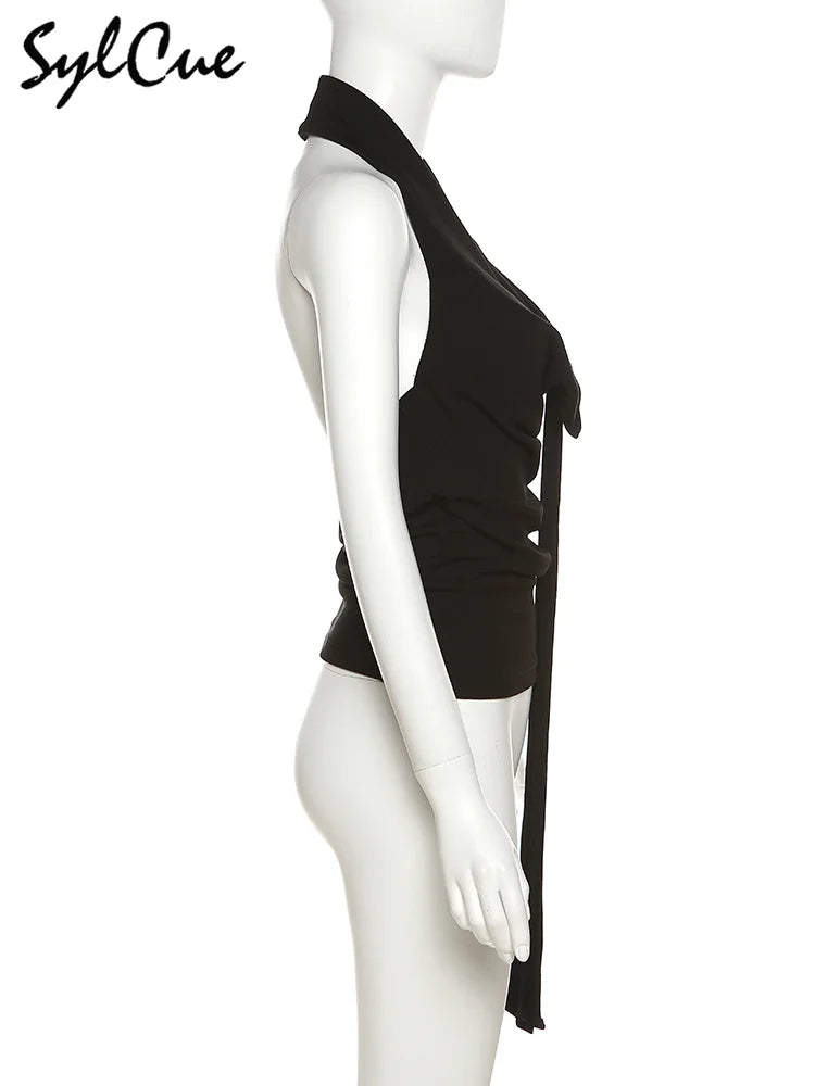 Sylcue 2023 Loose Casual All-match Simple Black Sexy Hot Confident Summer Travel Cool Soft Breathable Women's Halter Vest