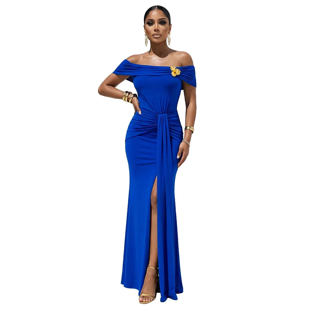 Women Slash Neck Ribbon Short Sleeve Long Maxi Dress Summer Street Evening Birthday Party Sexy Dresses