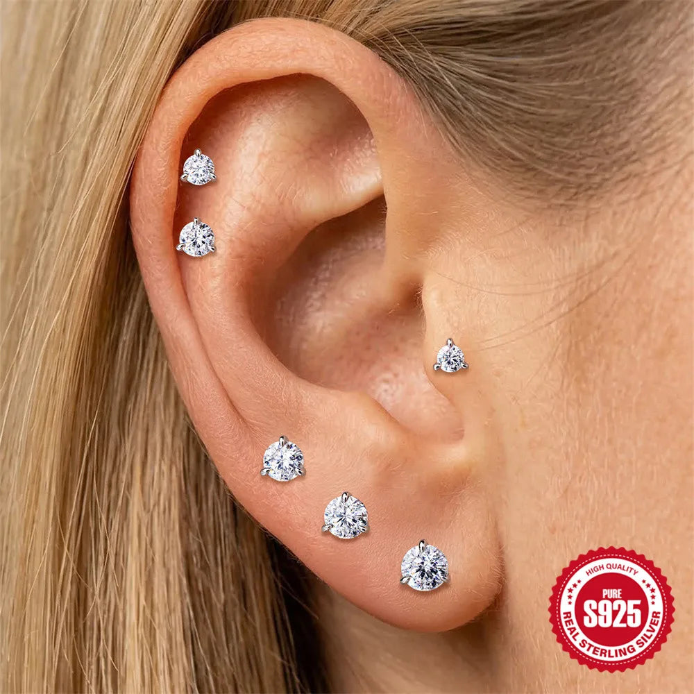 CANNER 1PC Classic Three Claws 0.03-1.2 Carat Sparkling D Color Moissanite Piercing Earring Women 925 Sterling Silver Earring