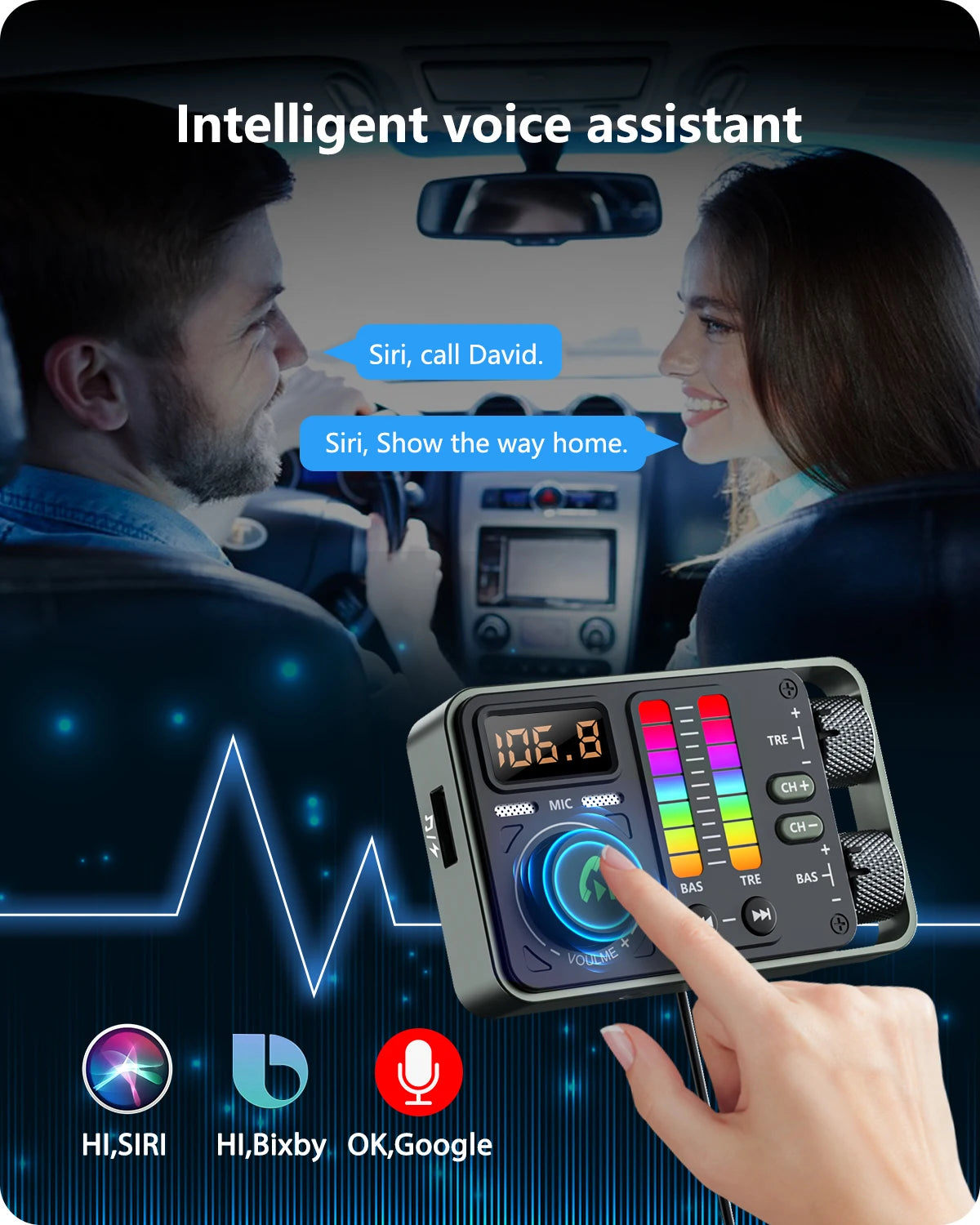 Bluetooth 5.3 Car FM Transmitter, Hi-Fi Treble & Bass Music Player, PD20W QC18W Fast Car Charger, Radio Bluetooth Car Ad