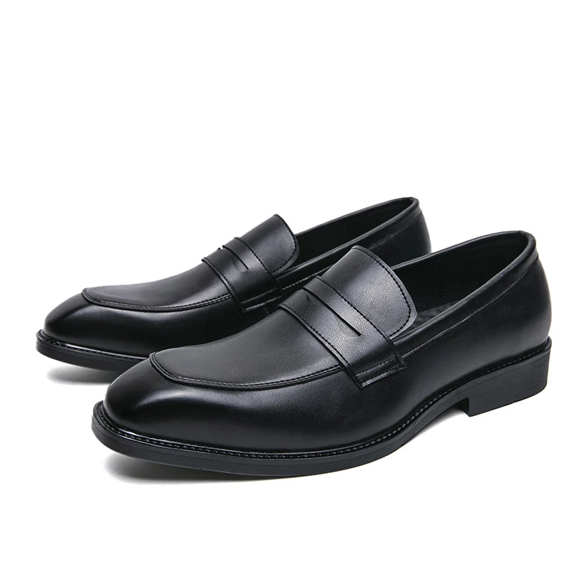 Fashion Penny Loafers Leather Men Shoes Simple Pointed Toe Slip On Dress Business Suit Casual Party Wedding Shoes For Man Brown