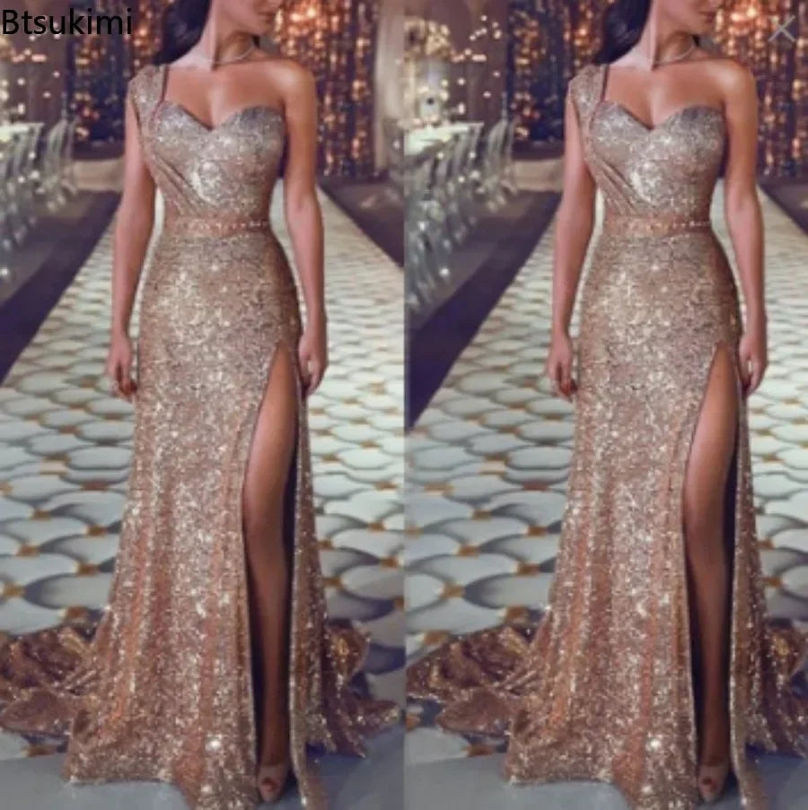 Women's Wedding Party Dress Evening Elegant Sexy Deep V Neck One Shoulder Sleeveless Sequined Long Maxi Dresses For Women