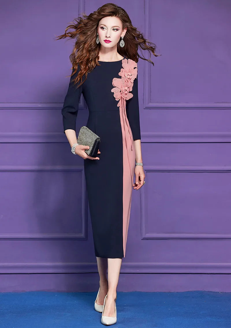 Women's 3D Floral Midi Dress Spring Fashion Pencil Style Casual Daily Three Quarter Sleeve O-Neck Elegantly Formal Party Wear