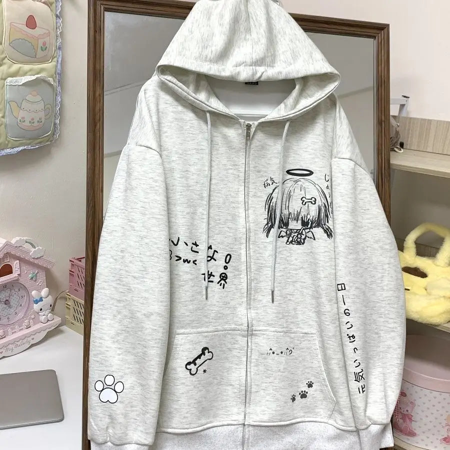 Autumn Japanese Kawaii Cute y2k Aesthetics Patchwork Sweatshirt women Cartoon Anime Print Harajuku Retro Streetwear Jacket Tops