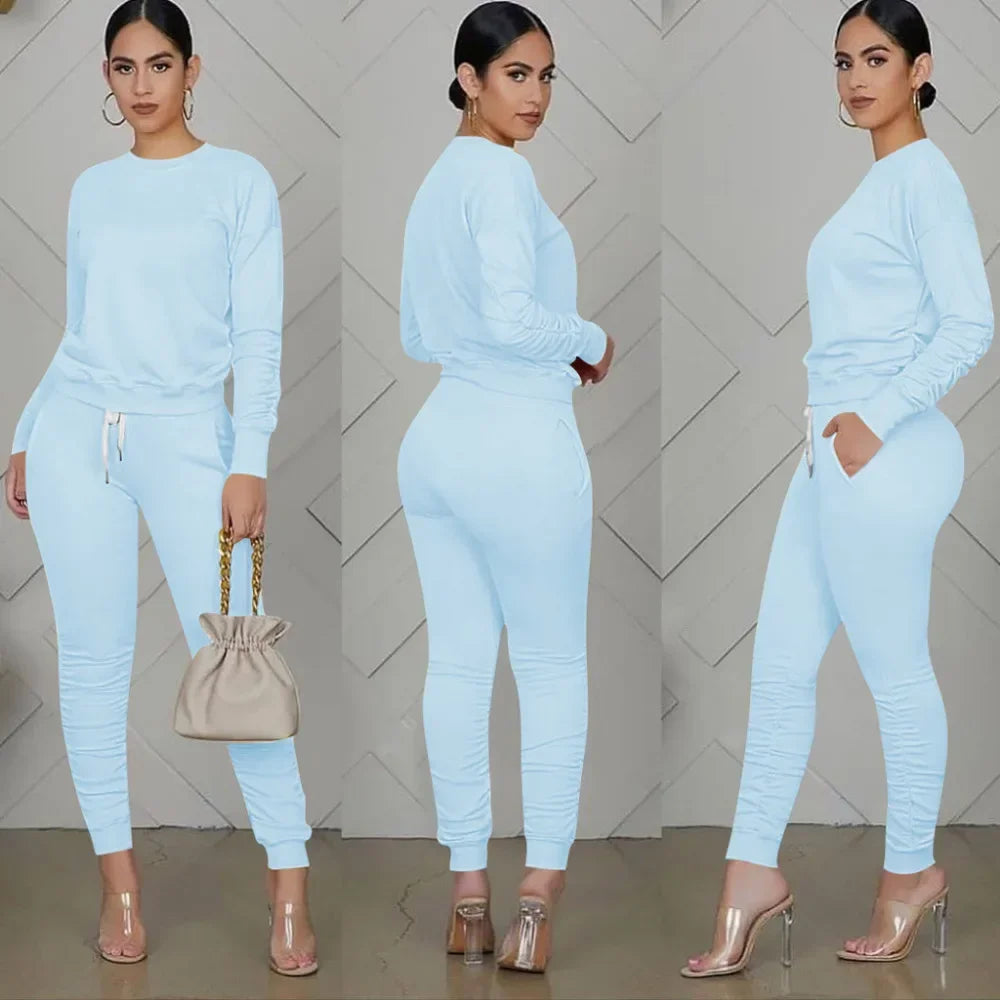 Women’s Slim Fit Long Sleeve Two Piece Set – Casual Warm Top & Elastic Waist Pants Outfit