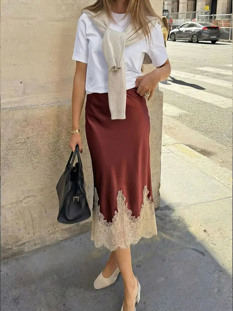 Women's Elegant Patchwork Lace Hem Midi Skirt High Waist Slim Fit Zipper Side Elegant Fashion Spring Summer Trend