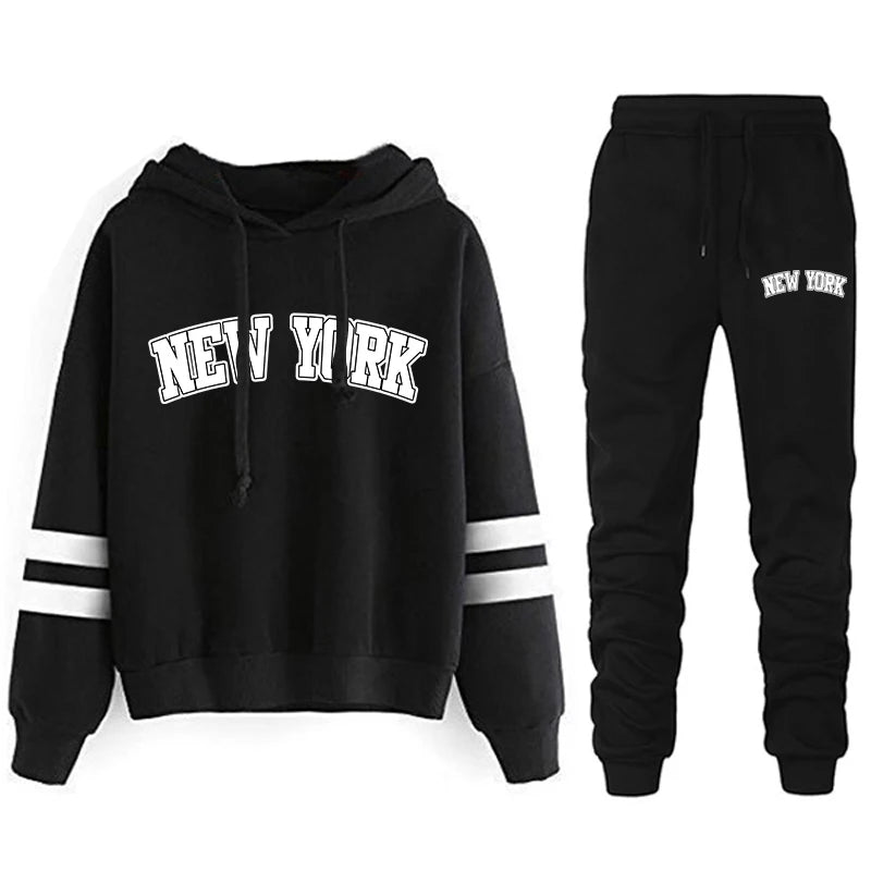 Women’s Hoodie & Jogger Tracksuit Set – Casual New York Print Outfit