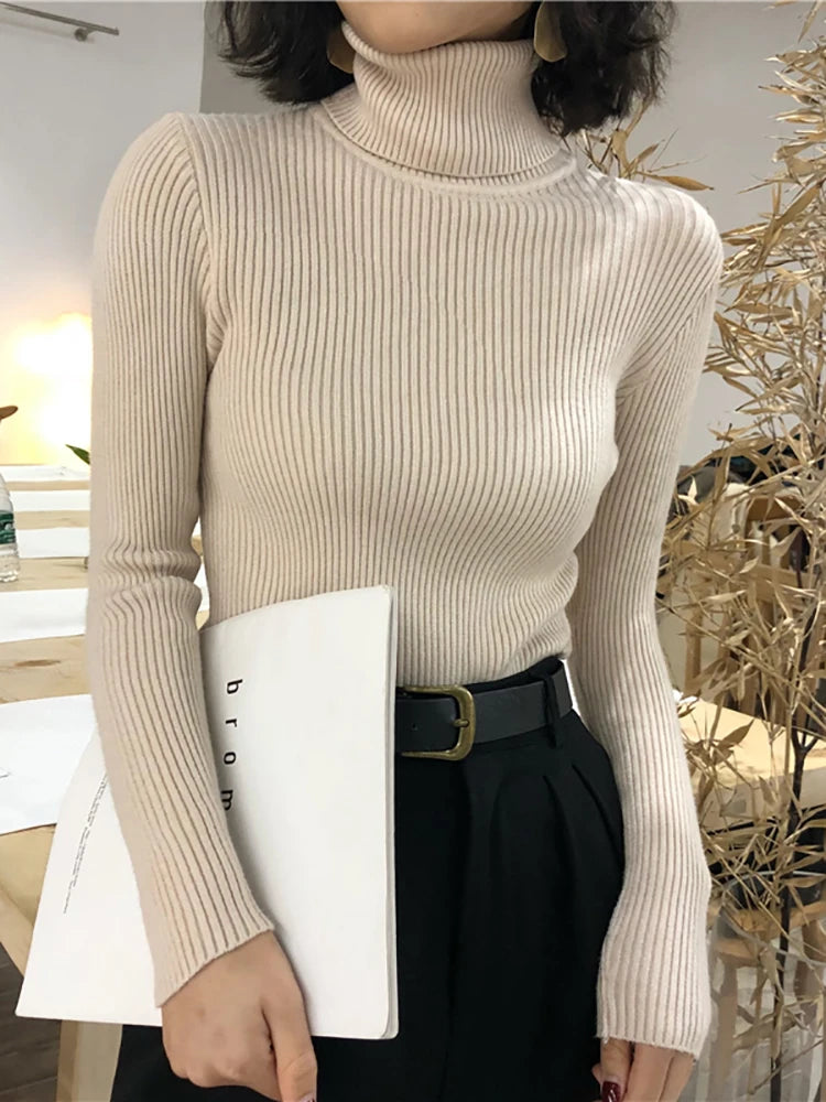 Women's Slim Fit Turtleneck Sweater Style High Stretch Cotton Acrylic Pullover Knitted Jumper Casual Autumn Winter