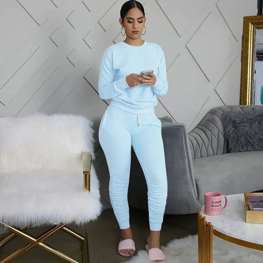 Women’s Slim Fit Long Sleeve Two Piece Set – Casual Warm Top & Elastic Waist Pants Outfit