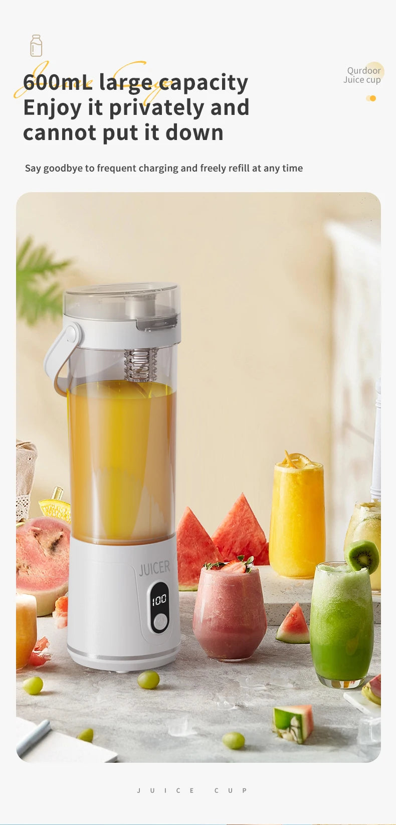 Portable Blender 600ML Electric Juicer Rechargeable 4000mAh USB Fruit Mixer Personal Smoothie Maker Outdoor Fresh Fruit Blender