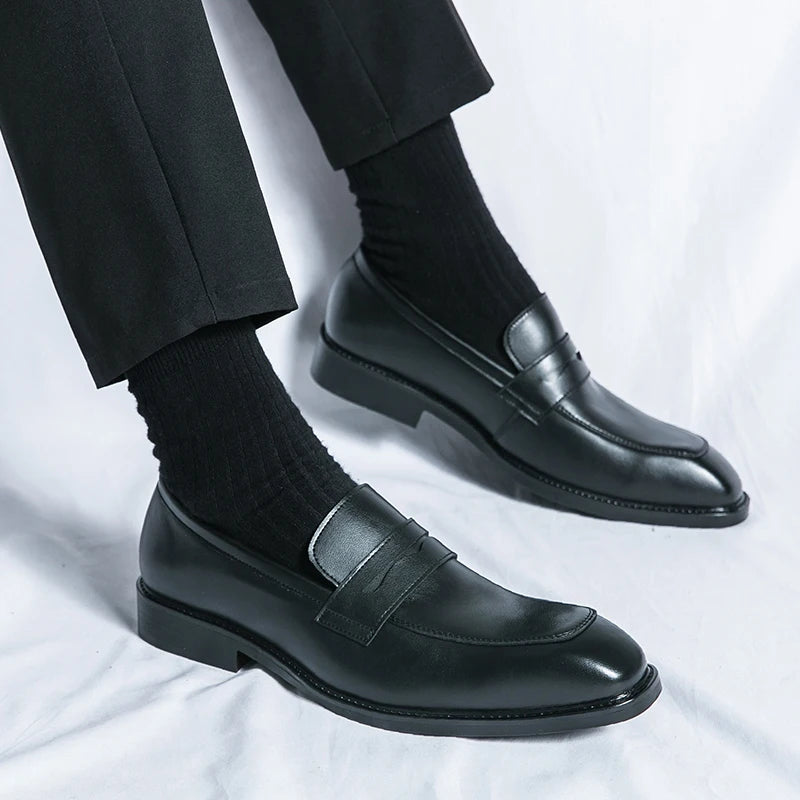 Fashion Penny Loafers Leather Men Shoes Simple Pointed Toe Slip On Dress Business Suit Casual Party Wedding Shoes For Man Brown