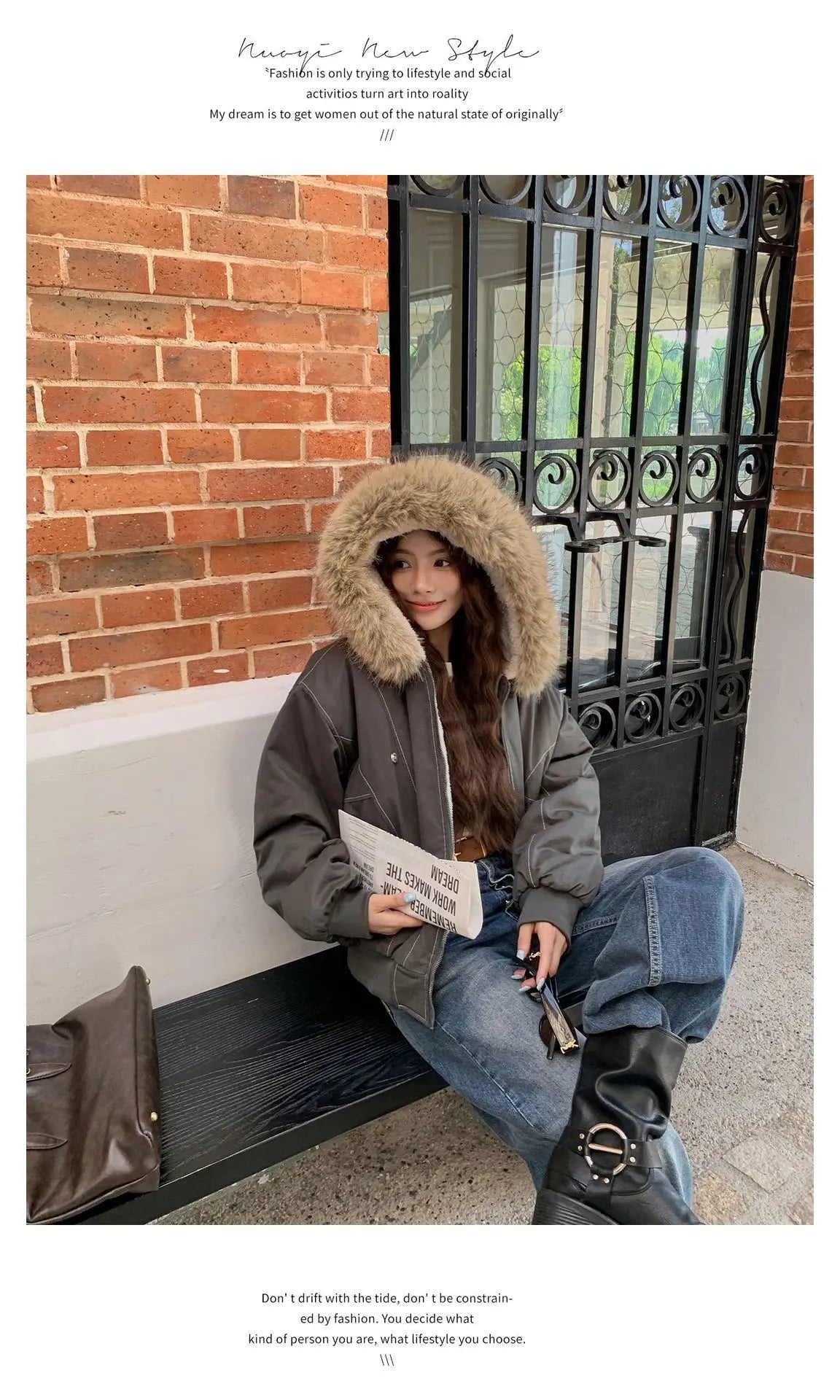 Women Short Parkas Coat Solid Jacket Big Fur Collar Hooded Zipper Pocket Long Sleeve Loose Casual Office Lady 2025 Autumn Winter