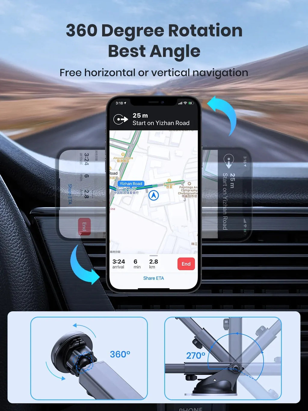 TOPK Magnetic Car Phone Mount; N52 Strong Magnet Dashboard Windshield Suction Cup Car Phone Holder Adjustable Telescopic Arm