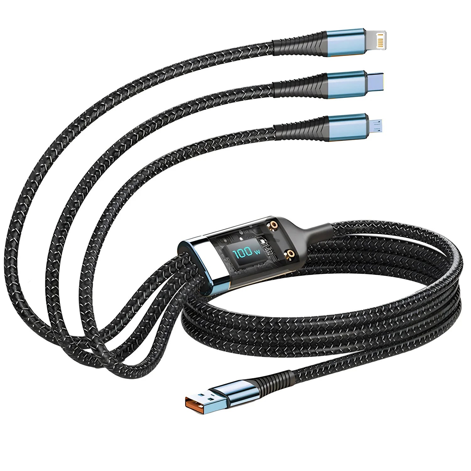 100W Fast Charging 3 in 1 Multi Charger Cable Nylon Braided USB-C Micro Universal Charging Cord with Type-C Micro Adapter