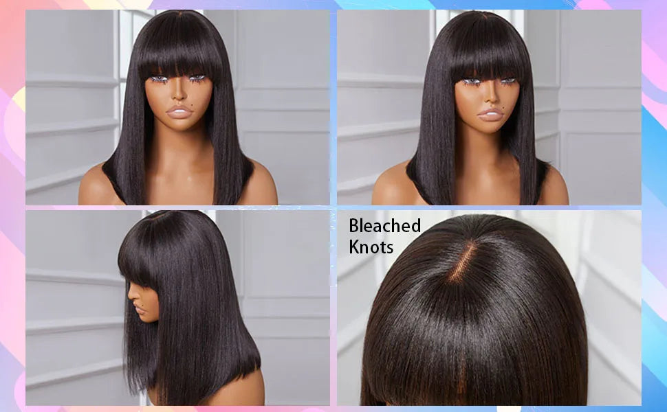 Short Bob Wig With Bangs Straight Human Hair Bob Glueless Wig Human Hair 180% Density Black Color Straight Bang Bob Wig For Women
