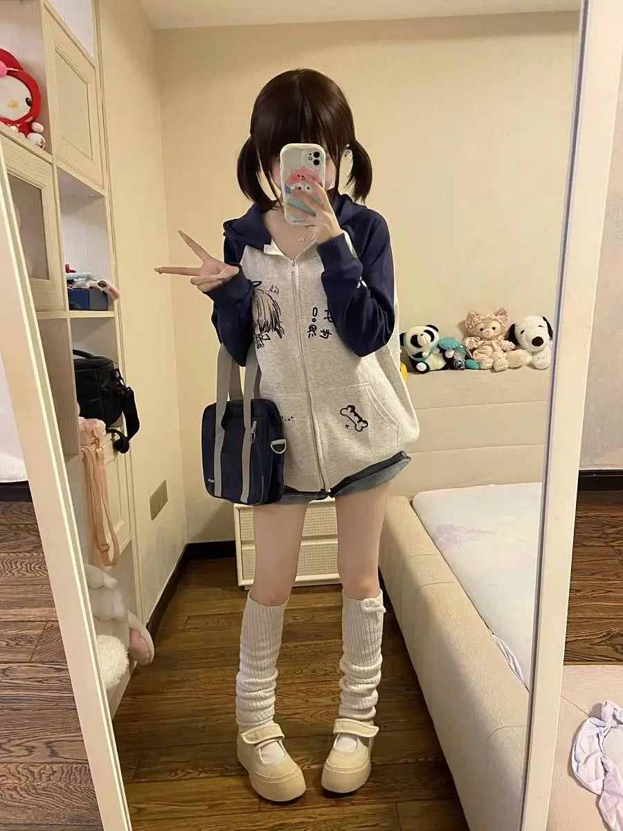 Autumn Japanese Kawaii Cute y2k Aesthetics Patchwork Sweatshirt women Cartoon Anime Print Harajuku Retro Streetwear Jacket Tops