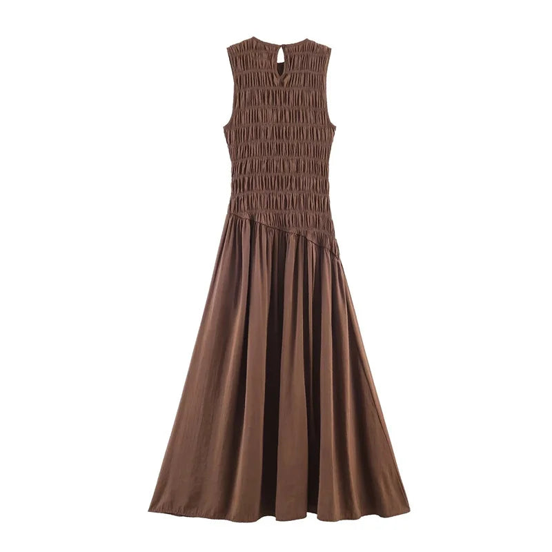 Women's French Simple Fluffy Midi Dress Sleeveless round Neck Mid-Length Casual A-Line Polyester Spring New Product