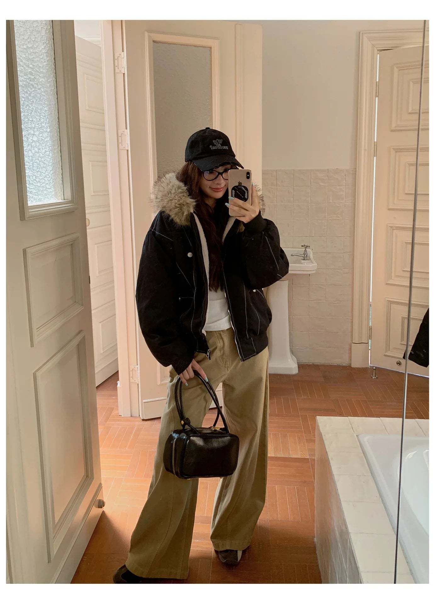 Women Short Parkas Coat Solid Jacket Big Fur Collar Hooded Zipper Pocket Long Sleeve Loose Casual Office Lady 2025 Autumn Winter