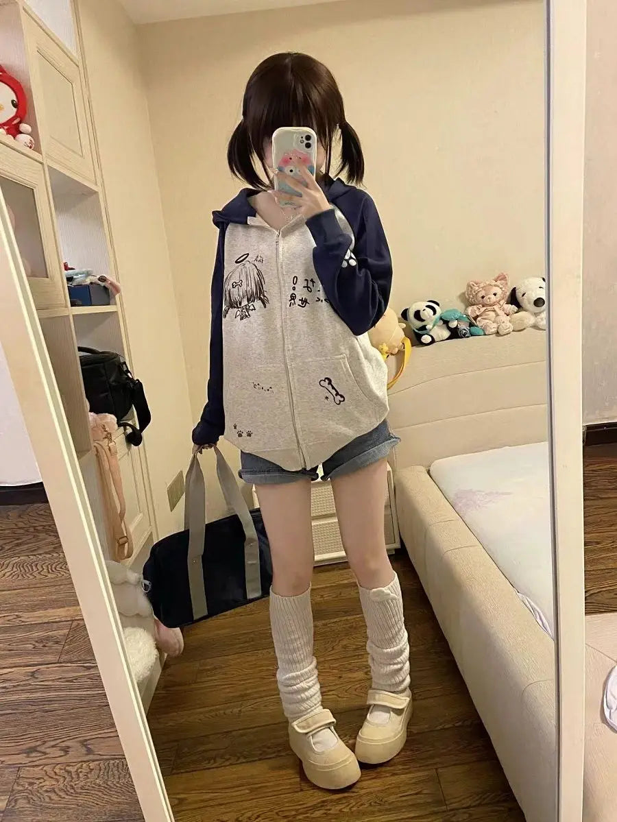 Autumn Japanese Kawaii Cute y2k Aesthetics Patchwork Sweatshirt women Cartoon Anime Print Harajuku Retro Streetwear Jacket Tops