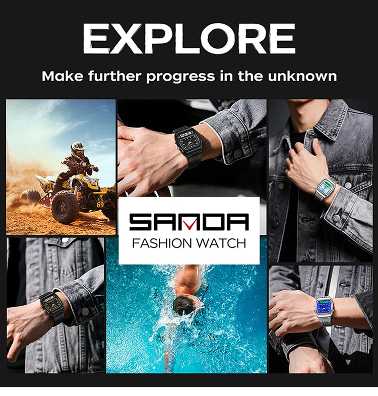 SANDA 3393 Men's Electronic Quartz Watch Fashion Multifunction Dual Display Clock Luminous Waterproof Casual Men Digital Watches