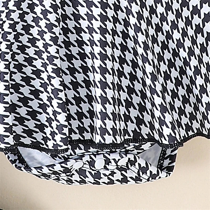 Baby Girl Spring Outfits Long Sleeve Houndstooth Print Romper Dress with Headband and Long Socks