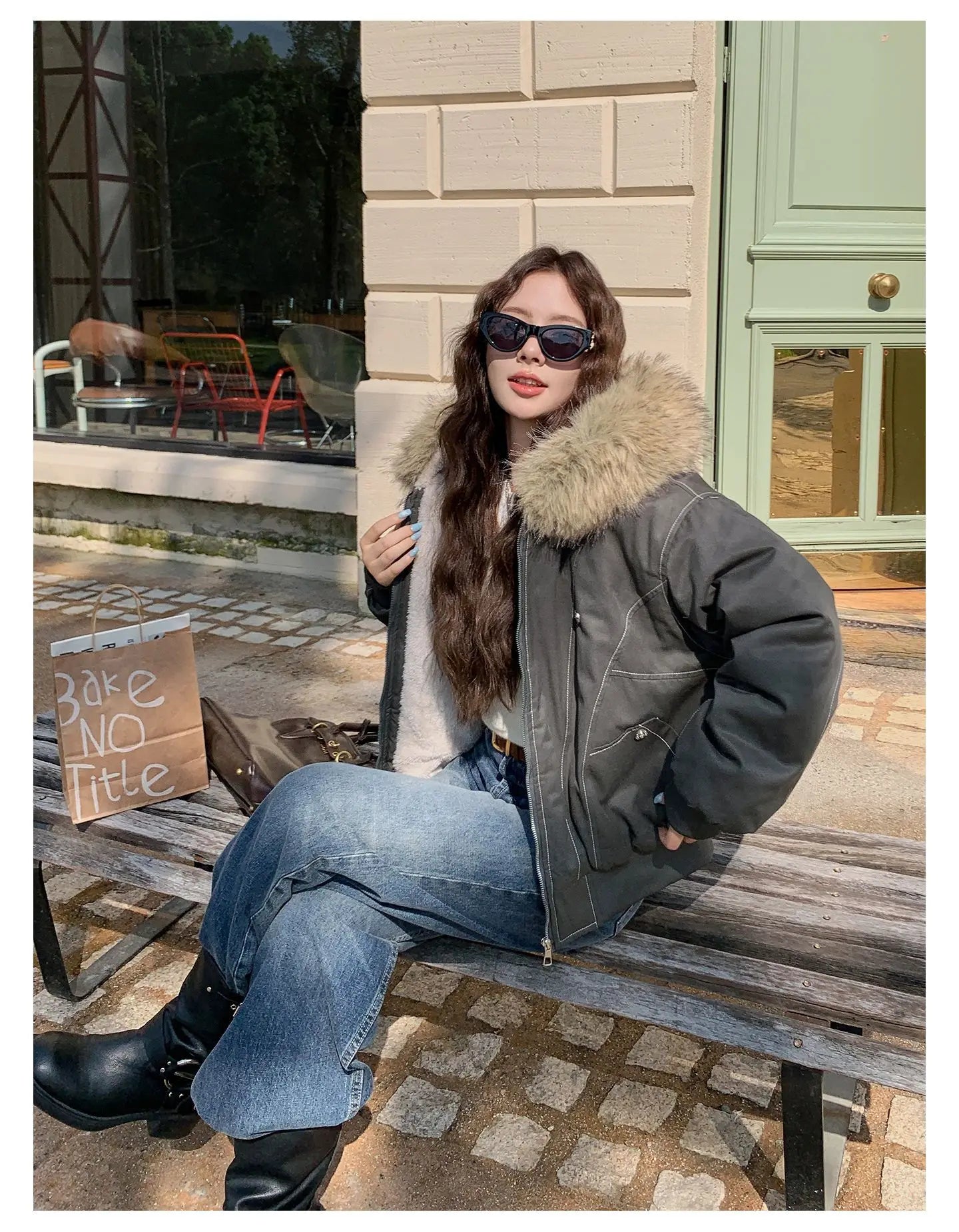 Women Short Parkas Coat Solid Jacket Big Fur Collar Hooded Zipper Pocket Long Sleeve Loose Casual Office Lady 2025 Autumn Winter