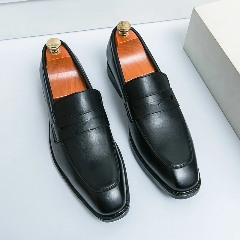 Fashion Penny Loafers Leather Men Shoes Simple Pointed Toe Slip On Dress Business Suit Casual Party Wedding Shoes For Man Brown
