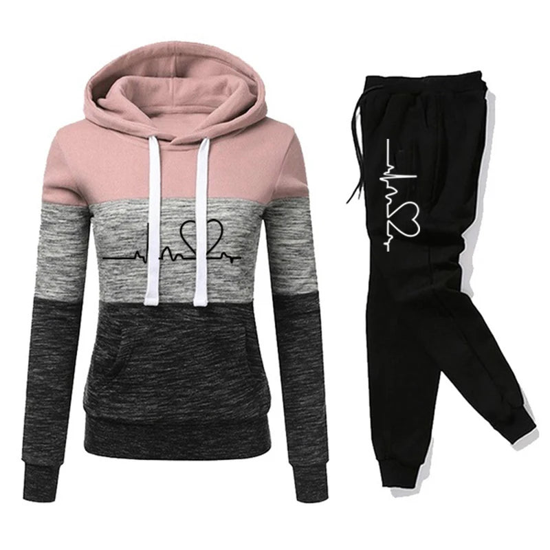 Women Tracksuit Printing Hooded Sweatshirt Sweat pant Color Block Versatile Casual Jogging Pullovers Sport Trousers Outfits
