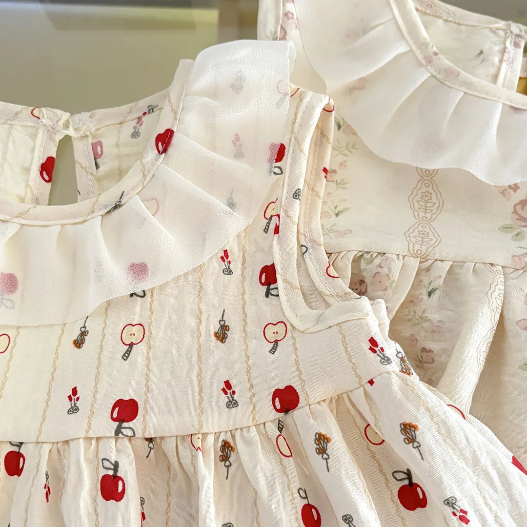 Two-Piece Set  Sleeveless Princess Dress with Floral Print, Summer Thin Outfit for Baby Girls Baby Girl Cute