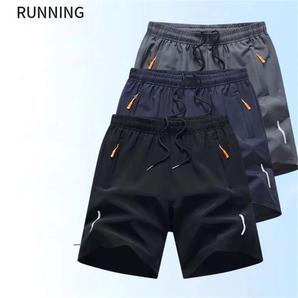 Men's Summer Thin Ice Silk Casual Shorts Quick Dry Loose Fit Elastic Waist Gym Sports Jogging Pants with Zipper