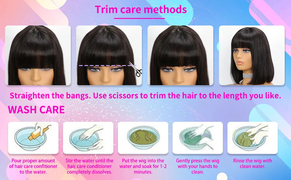 Short Bob Wig With Bangs Straight Human Hair Bob Glueless Wig Human Hair 180% Density Black Color Straight Bang Bob Wig For Women