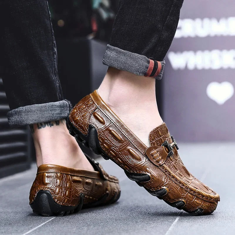 Men Casual Shoes Genuine Leather Crocodile Style Luxury Brand Mens Loafers Moccasins Slip on Black Driving Shoes Plus Size 38-47