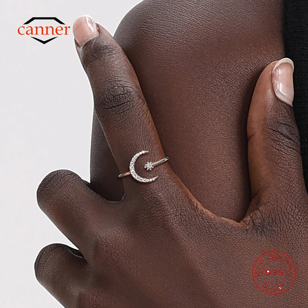 CANNER Moissanite Eight-pointed Star Moon Open Wedding Band Ring Women 925 Sterling Silver Sparkling Eternity Engagement Ring