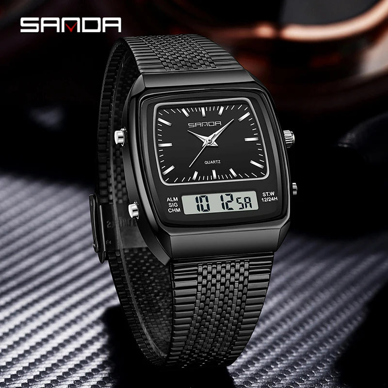SANDA 3393 Men's Electronic Quartz Watch Fashion Multifunction Dual Display Clock Luminous Waterproof Casual Men Digital Watches