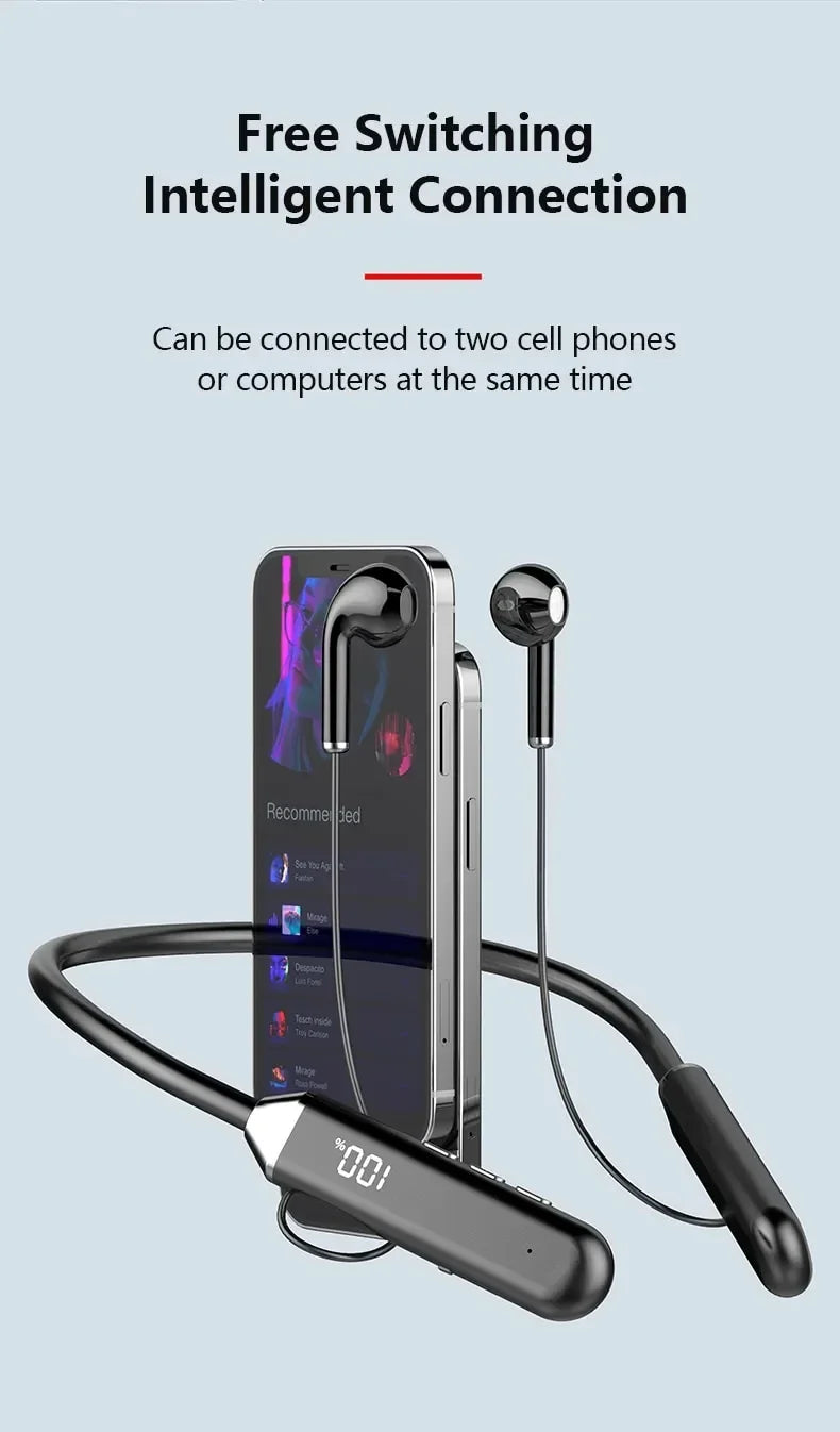 Wireless Neckband Headphones Bluetooth Earphones with LED Power Display High Sound Quality Stereo Waterproof In-ear Headset with Microphone