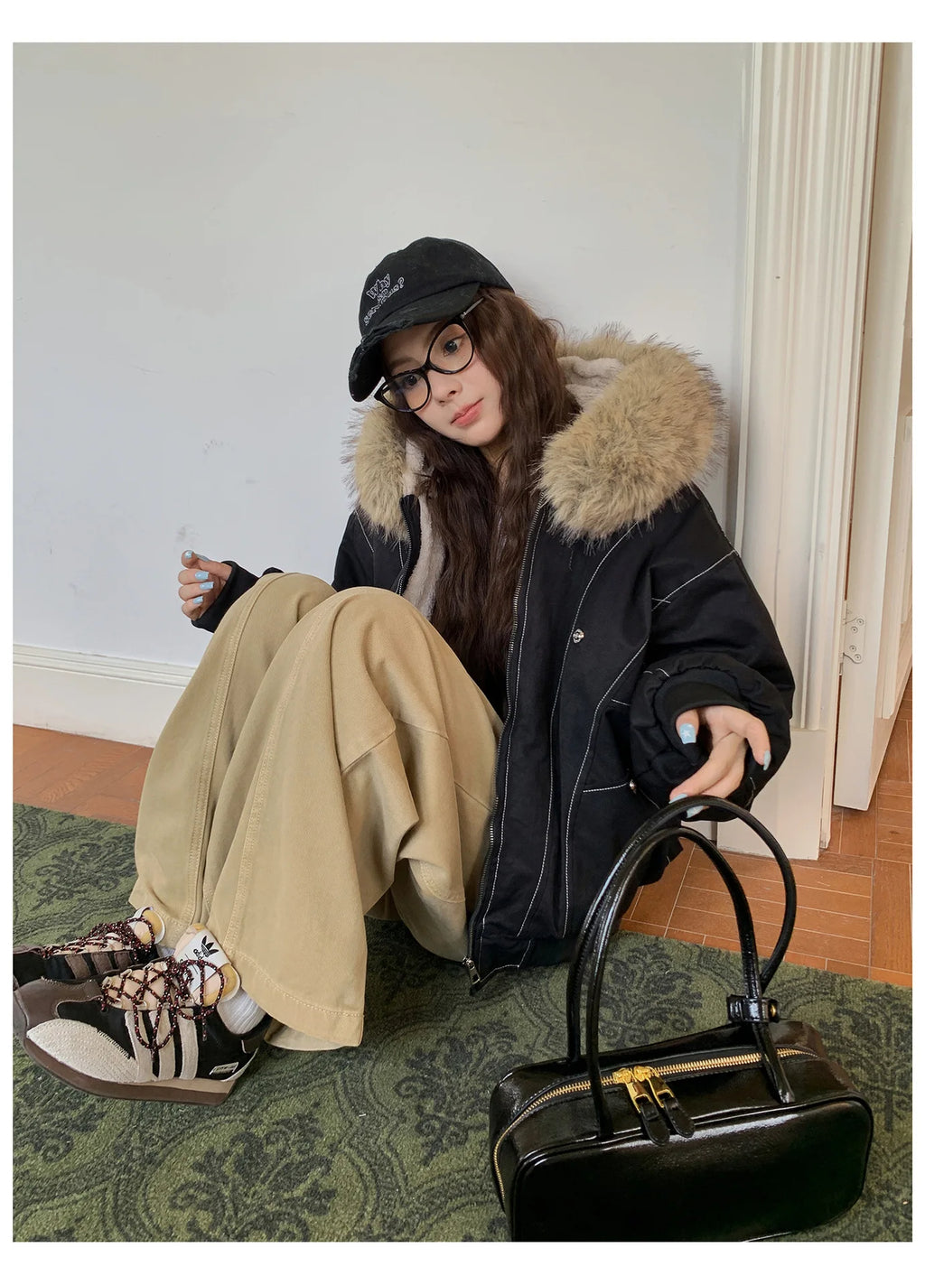 Women Short Parkas Coat Solid Jacket Big Fur Collar Hooded Zipper Pocket Long Sleeve Loose Casual Office Lady 2025 Autumn Winter