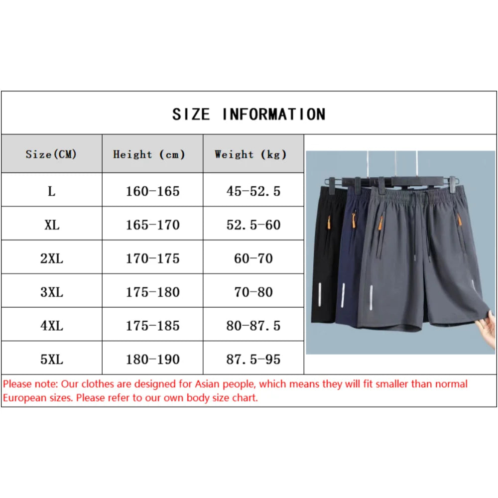 Men's Summer Thin Ice Silk Casual Shorts Quick Dry Loose Fit Elastic Waist Gym Sports Jogging Pants with Zipper