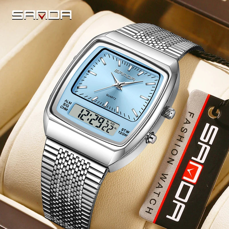 SANDA 3393 Men's Electronic Quartz Watch Fashion Multifunction Dual Display Clock Luminous Waterproof Casual Men Digital Watches