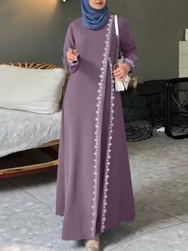 Women's Long Sleeve Lace Robe Muslim Bohemian Style Polyester Abaya Casual Ramadan Spring Vest for Adults Middle Age